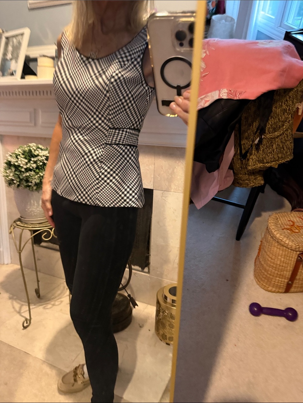 Black and White Gingham Peplum Tank Top side zip